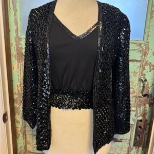 Kay Unger Black Heavily Sequin Two Piece Cardigan Set